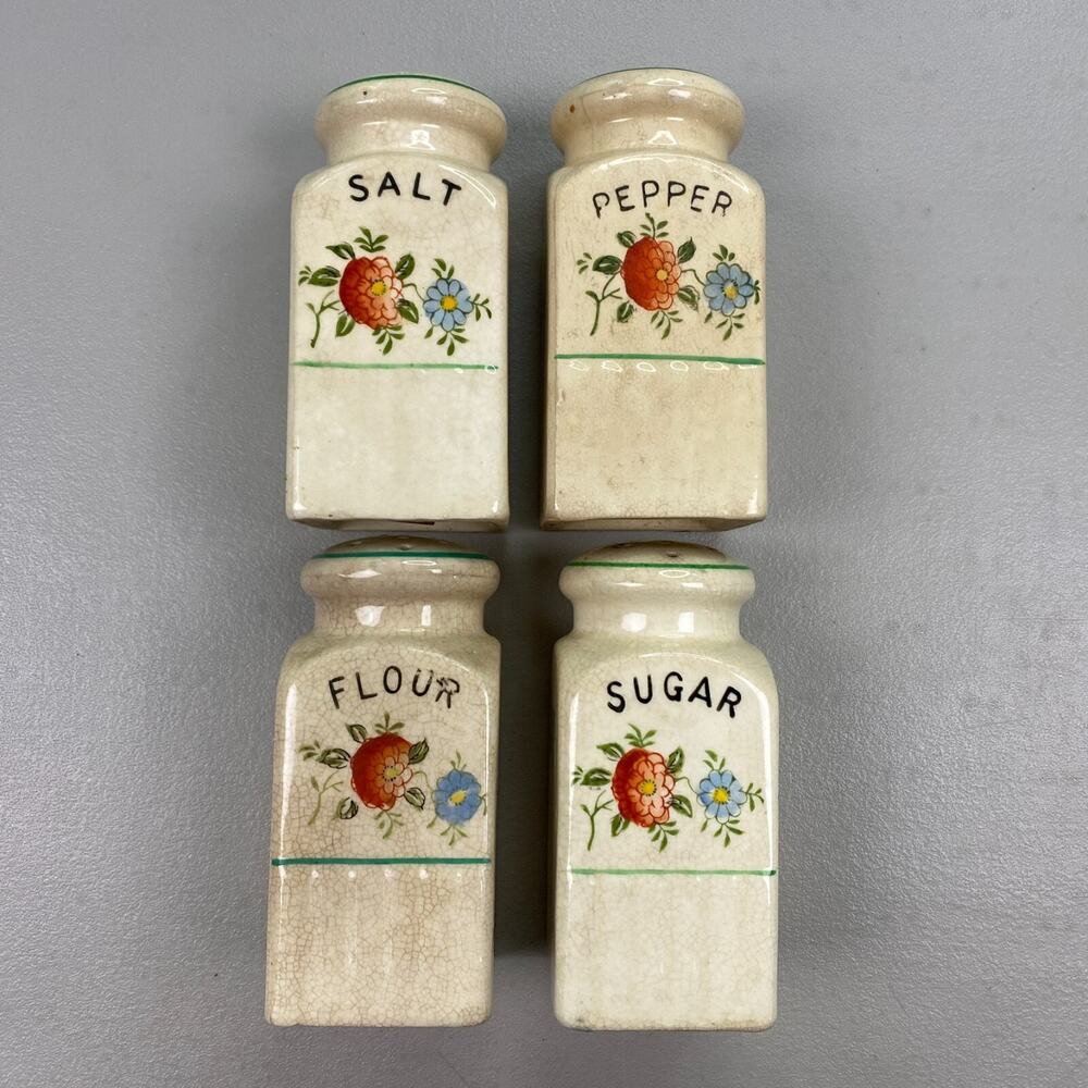 Vintage Shaker Set Salt Pepper Flour Sugar Floral Ceramic Hand Painted Japan 50s